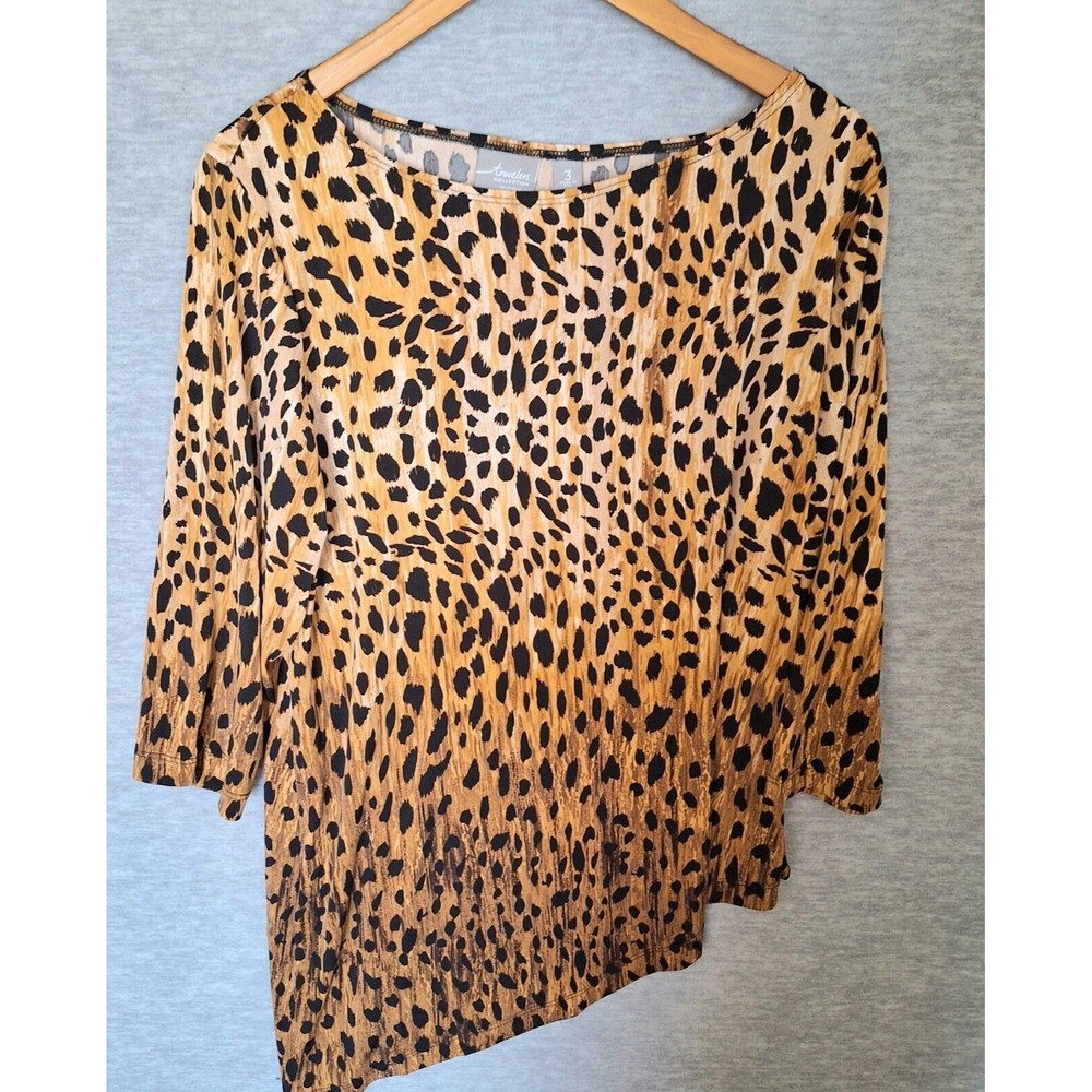 Chico's Travelers Blouse Top Womens XL Animal Print 3/4 Sleeve Asymmetrical Hem
